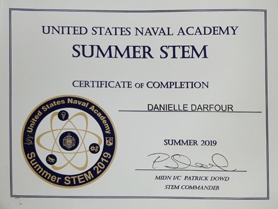 US Naval Academy Summer Stem 2019: Completion Certificate of Summer STEM Camp